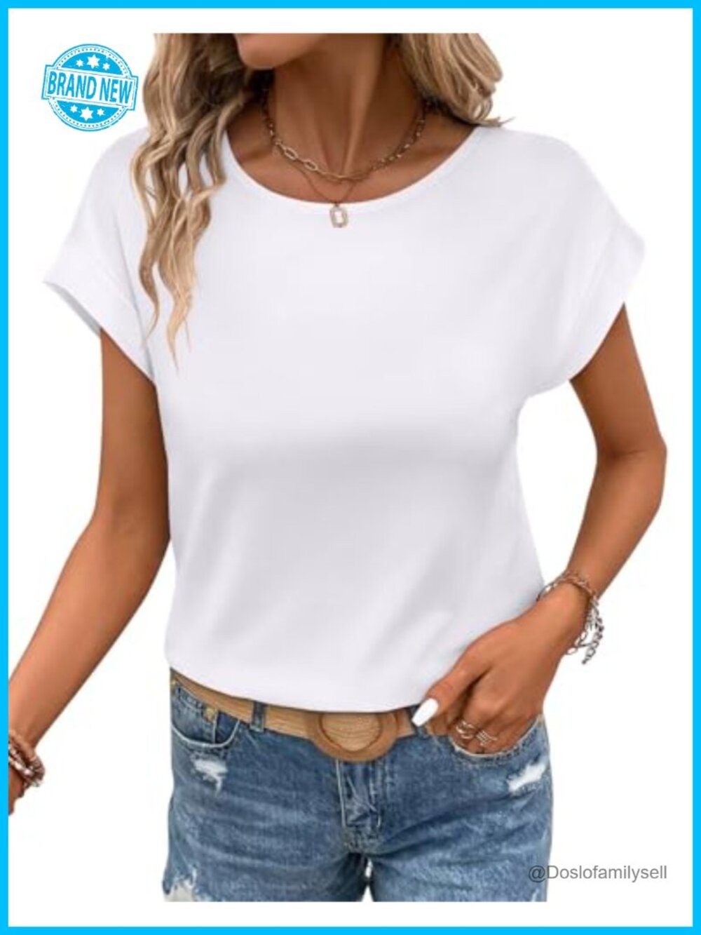 Womens Cap Sleeve Crew Neck Loose Fit Casual Summer Tee